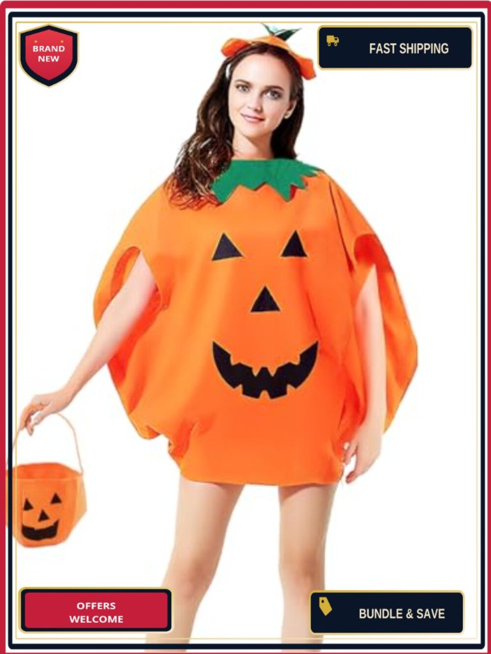 Women's 3 Pc Halloween Pumpkin Poncho Costume Set One Size Polyester Cape